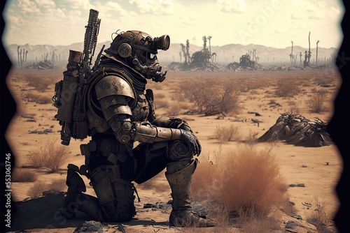 Soldier in camo and protective gear with gas mask, kneeling in a desolate post-apocalyptic wasteland landscape, as they scan horizon for signs of danger.