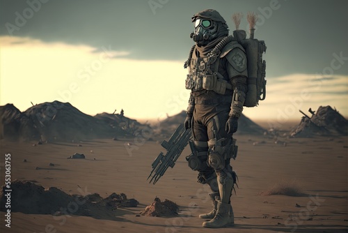 Soldier in camo and protective gear with gas mask, standing in a desolate post-apocalyptic wasteland landscape, rifle in hand as they scan horizon for signs of danger.