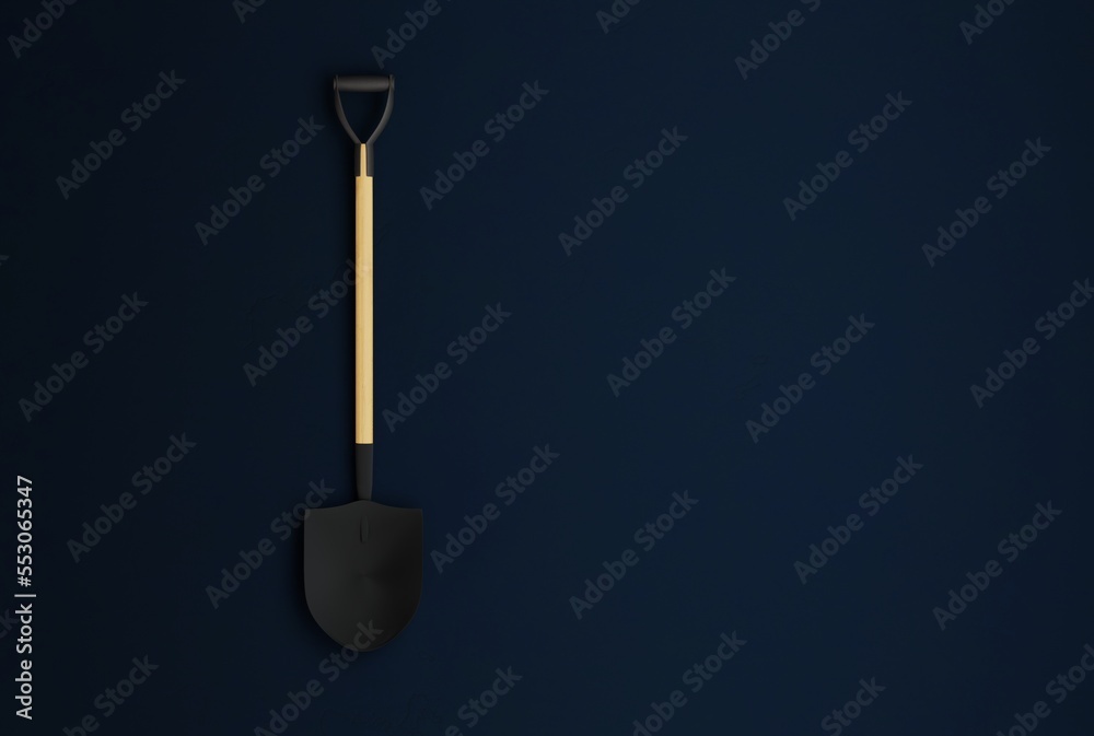 Shovel on a dark background. The concept of digging, using a shovel to dig in the ground, ground. 3D render, 3D illustration. Shovel on a dark background. The concept of digging, using a shovel to dig in the ground, ground. 3D render, 3D illustration.