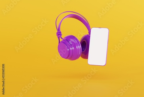 Headphones and telephone on the background. The concept of playing games, listening to music through headphones, technology. Playing games for entertainment. 3D render, 3D illustration.