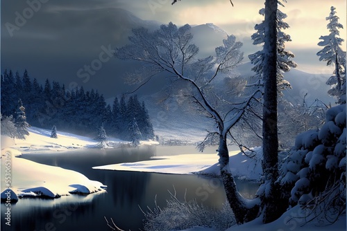 Nature Winter Landscape with Lake Reflections, Snowy Trees and Pine Trees