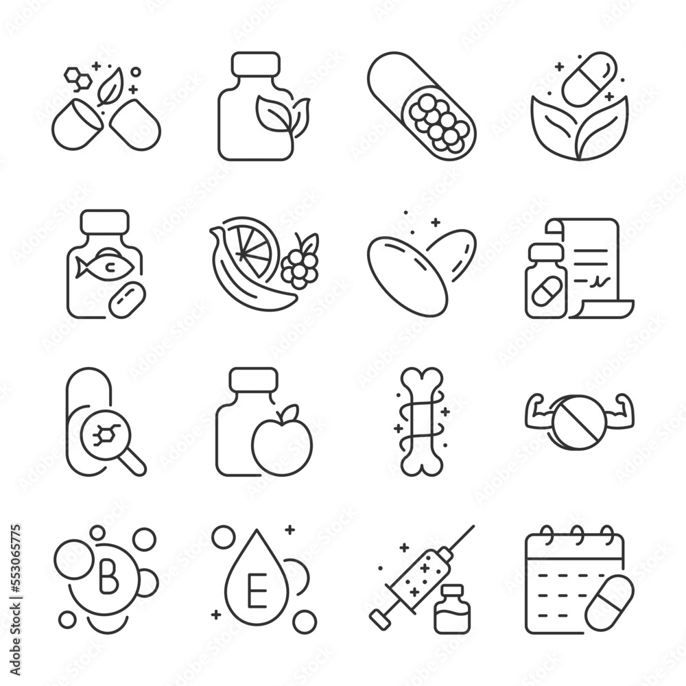 Vitamins icons set. Dietary supplements pills. Micronutrients for a healthy body, linear icon collection. Line with editable stroke Vitamins icons set. Dietary supplements pills. Micronutrients for a healthy body, linear icon collection. Line with editable stroke