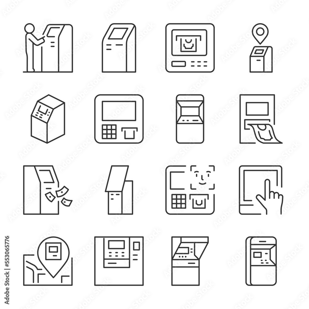 ATM icons set. Cash currency, money transactions, crediting of money, linear icon collection. Bank terminal. Line with editable stroke ATM icons set. Cash currency, money transactions, crediting of money, linear icon collection. Bank terminal. Line with editable stroke