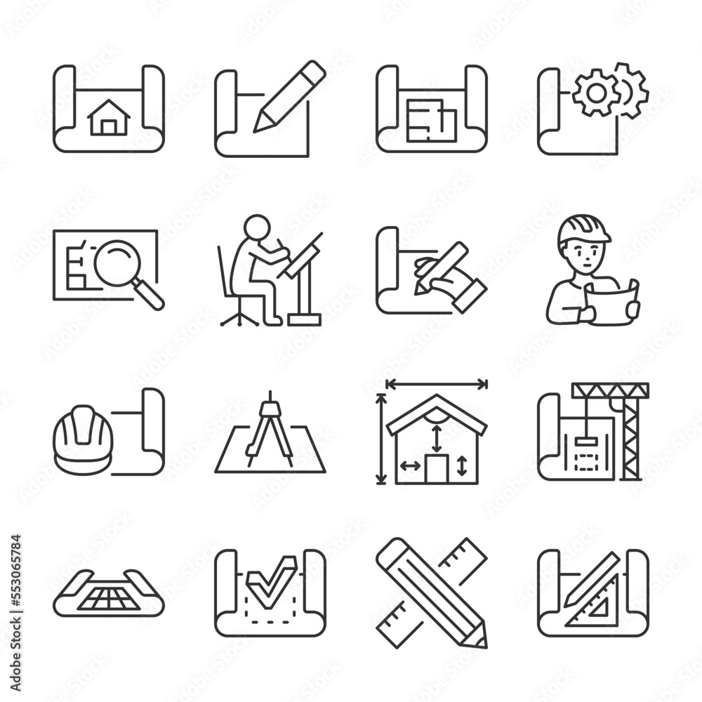 Engineering drawing icons set. Blueprint, linear icon collection. Construction, technical project. Draft sketches. Line with editable stroke