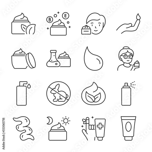 Skin cream icons set. Properties of cosmetic crepe for face and body skin care. Cosmetic product, linear icon collection. Line with editable stroke