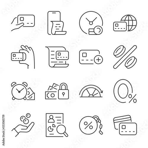 Credit card icons set. Bank card, linear icon collection. Credit payment. Approval to obtain a loan, installment plan, mortgage. Credit history, rating. Line with editable stroke