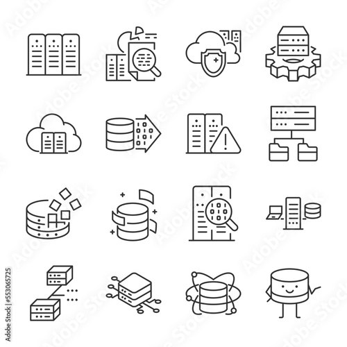 Database icons set. Working with database, analysis and structuring, linear icon collection. Processing computer server. Line with editable stroke