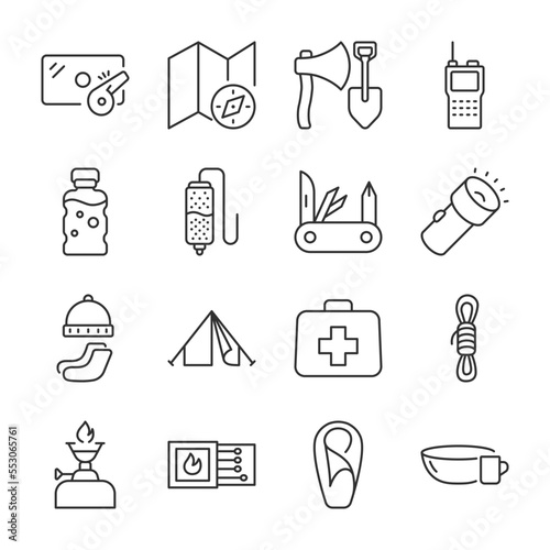 Survival kit icons set. Items for camping or traveling in the wilderness, linear icon collection. Line with editable stroke