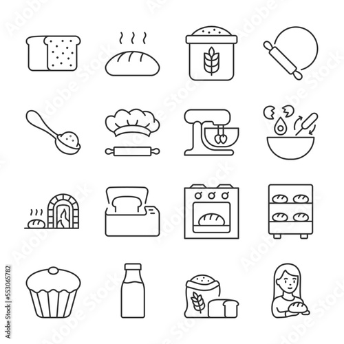 Bake bread icons set. Bakery, linear icon collection. Bread and baking equipment. Cooking. Line with editable stroke