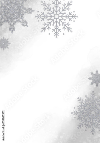 Silver snowflakes on white background. Elegant Christmas winter greeting card with sparkles.