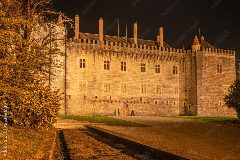 Night view of Palace of the Duques of Braganca, Guimaraes, Portugal