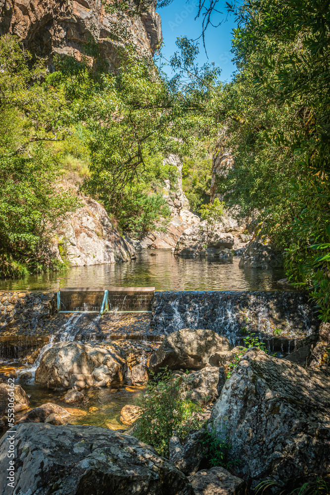Fototapeta premium Aerial, view of the river beach at Fragas de Sao Simao in Figueiro dos Vinhos, Portugal.