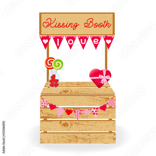 Kissing booth. Cute concept for Valentine's Day, wedding or birthday. Carnival kissing booth with flags. Vector illustration.