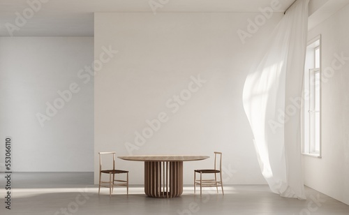 Round dining table with chairs, dry arrangement of flowers hung over the table. Minimalist beige dining room interior design. Large white window with a transparent curtains. 3d rendering