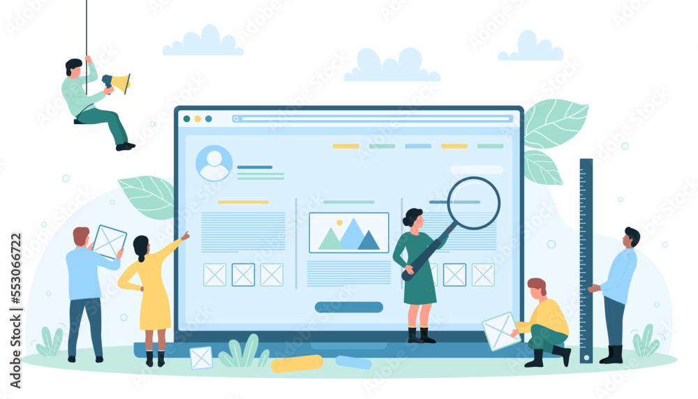 Website, app wireframe creation vector illustration. Cartoon tiny people create application UI, characters construct and develop graphic design of web project mockup in online editor on laptop desktop Website, app wireframe creation vector illustration. Cartoon tiny people create application UI, characters construct and develop graphic design of web project mockup in online editor on laptop desktop