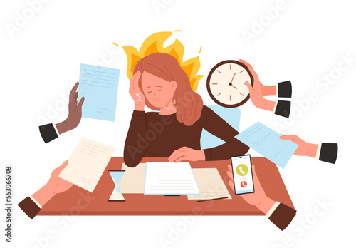 Deadline, overtime work vector illustration. Cartoon hands of busy office workers giving paper documents, phone to call and clock to tired sad overworked woman sitting at desk with fire behind head