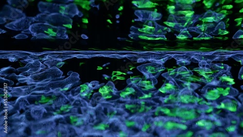 Awesome bg with magic particles float in liquid, light rays like laser show, light effects and bokeh, DOF. Glowing multi-colored particles circle underwater forming cloud. Luma matte as alpha channel.