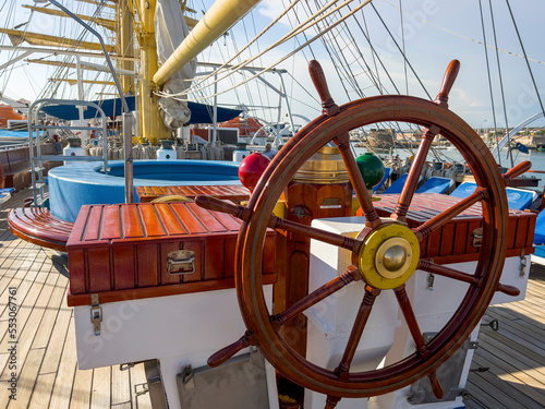 The steering wheel of the big sailing ship.