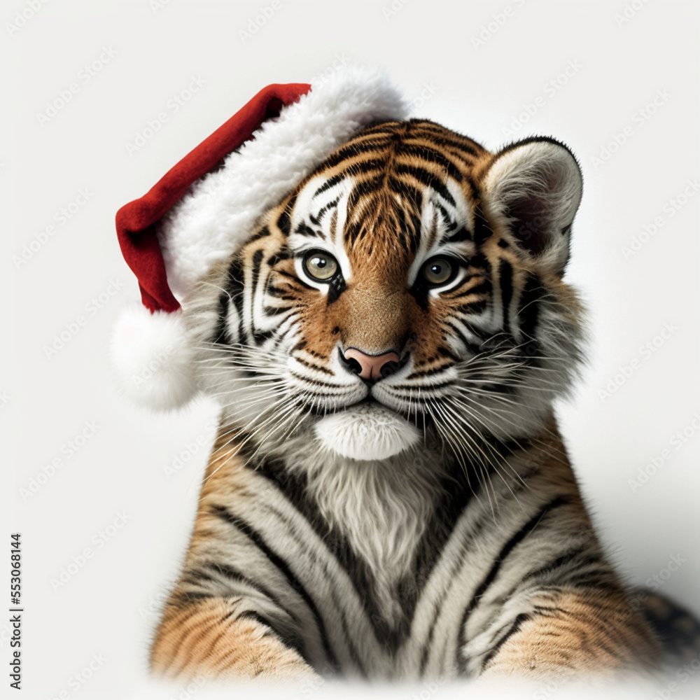 Obraz premium Adorable Christmas tiger in Santa Claus hat, isolated on white, digital art