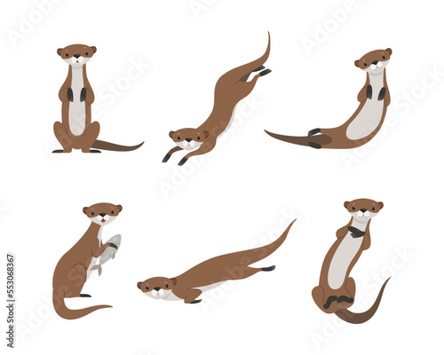 Sea Otter as Marine Mammal and Aquatic Creature with Brown Coat and Long Tail Sitting and Swimming Vector Set