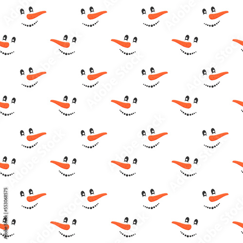 Cute smiling snowman faces seamless pattern. Winter, Christmas or New Year scrapbooking or wrapping paper, fabric napkin or tablecloth print design. Vector cartoon illustration