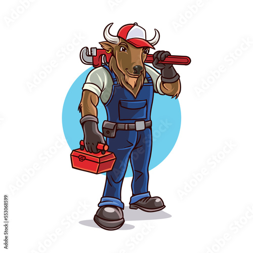 Bull plumber, wrench in his hand