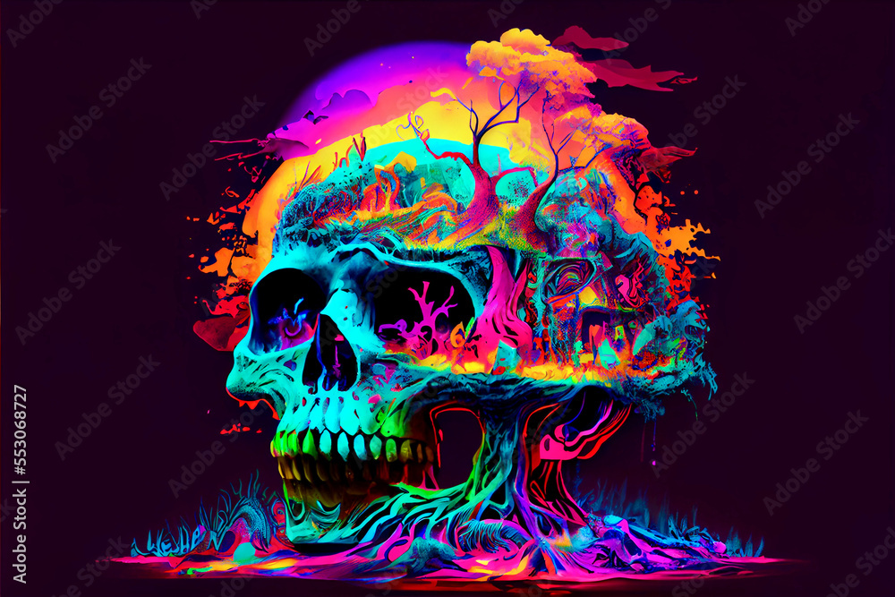 Generative AI abstract render of a psychedelic human skull