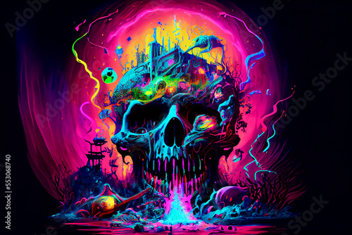 Generative AI abstract render of a psychedelic human skull