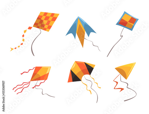 Colorful Kite as Tethered Craft with Wing Surfaces and Tail Vector Set