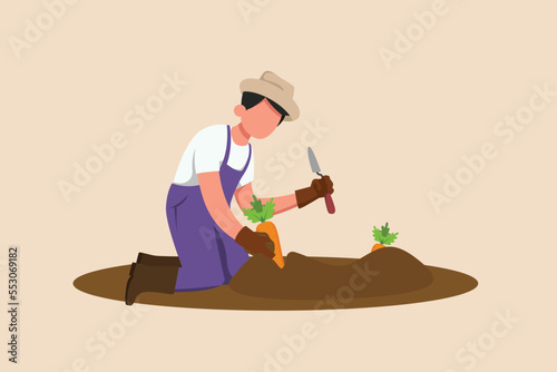 Happy male farmer with Ripe carrots in the garden. Harvesting carrots. Agriculture concept. Colored flat graphic vector illustration. 