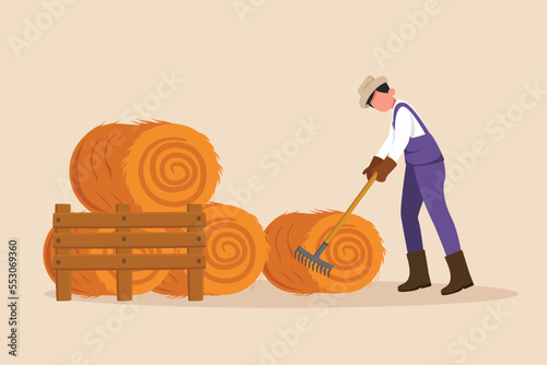 Male farmer agricultural worker collect harvest or straw use pitchfork. Agriculture concept. Colored flat graphic vector illustration. 
