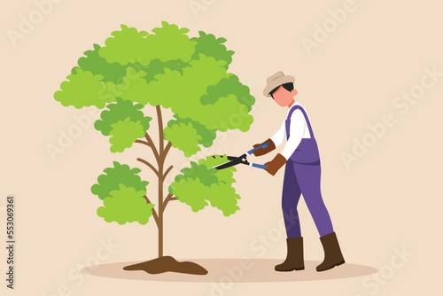 Gardener work on shrub, remove excess leave. Gardener trimming. Agriculture concept. Colored flat graphic vector illustration. 