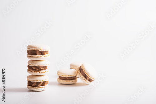 White macaron cookies. Isolated on white background. Tasty dessert