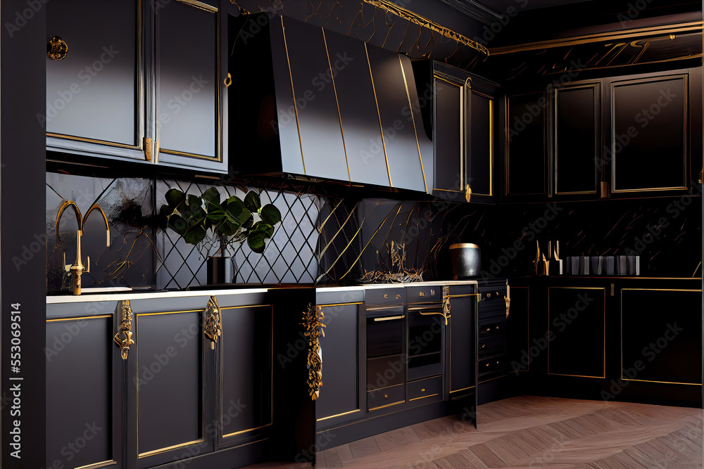 luxury black and gold kitchen interior Stock Illustration | Adobe Stock