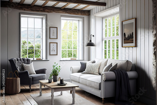 Fotografiet luxury white cottage style living room interior