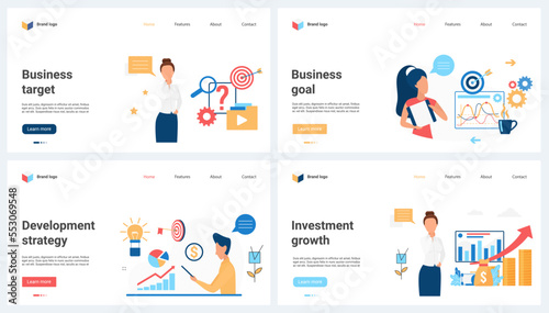 Business target, investment and development strategy set vector illustration. Cartoon tiny people invest money in success financial projects, analyze data charts and analysts services reports