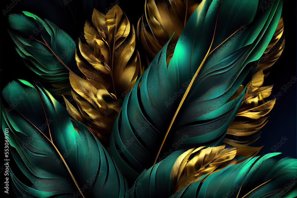 green and gold feathers background as beautiful abstract wallpaper