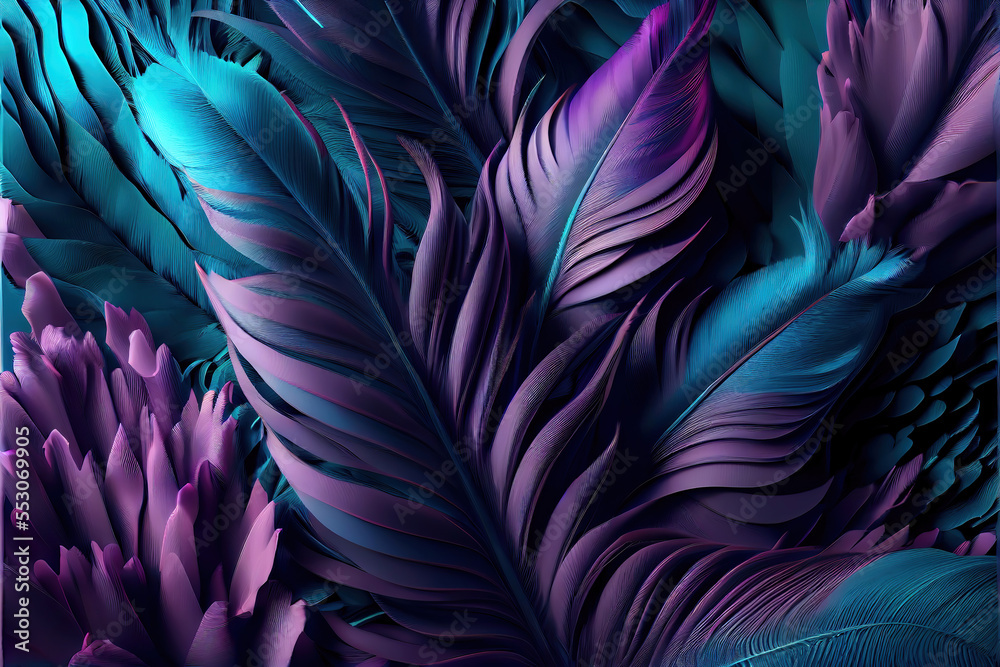 teal and purple feathers background as beautiful abstract wallpaper