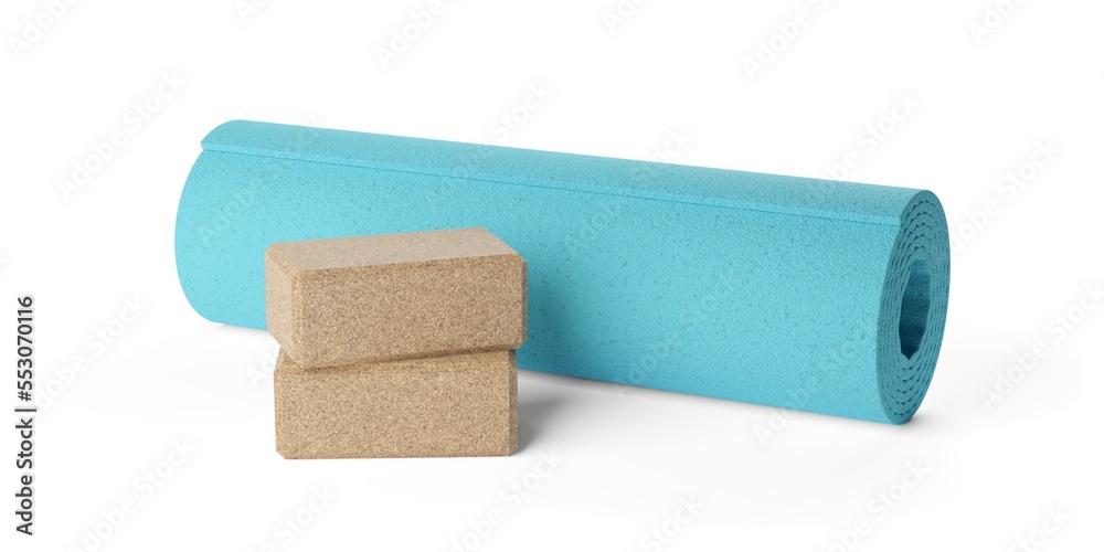 Obraz premium Two stacked yoga or pilates blocks made from natural cork with blue, rolled yoga or pilates mat over white background