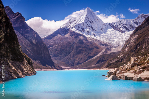 Turquoise Paron lake in Cordillera Blanca, snowcapped Andes, Ancash, Peru © Aide