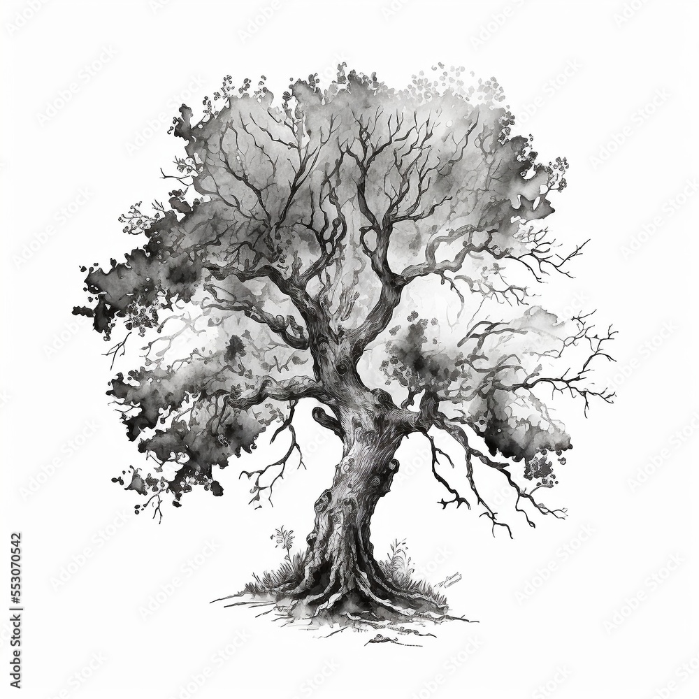 Fototapeta premium gnarled old oak tree, watercolor painting - generative AI