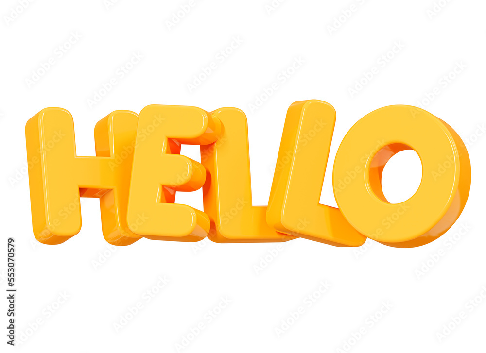 3D Volume yellow text Hello. Welcome message. Gold Hi word. Online communication. Element for banner or poster. Cartoon creative design icon isolated on white background. 3D Rendering 3D Volume yellow text Hello. Welcome message. Gold Hi word. Online communication. Element for banner or poster. Cartoon creative design icon isolated on white background. 3D Rendering