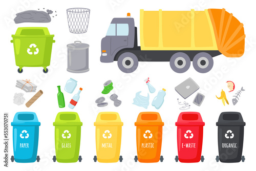 Garbage truck and trash cans flat icons set. Rubbish recycling. Paper, steel bottle plastic and glass waste litters