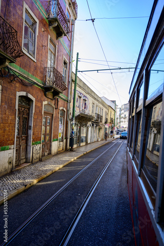 Lisbon  Portugal  November 6  2022. Public transportation in Lisbon  touristic route Alfama old city with cable tram line 28  famous touristic attraction