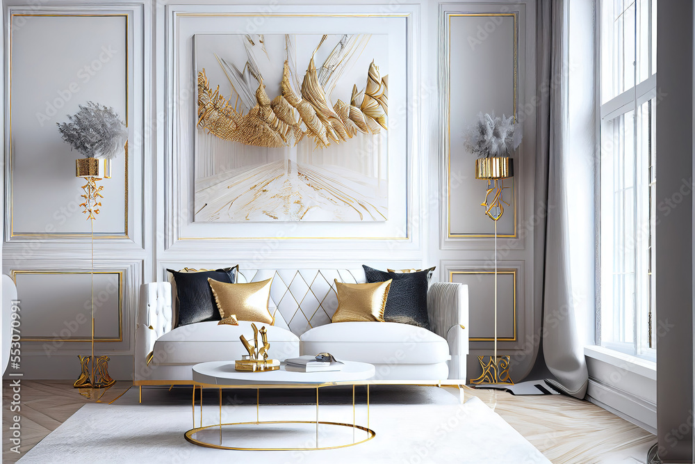 luxury gold and white living room interior with sofa Stock Illustration ...