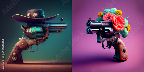Illustration of colorful revolver with flowers  photo