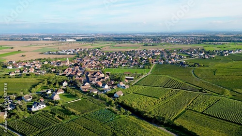 Fototapeta Naklejka Na Ścianę i Meble -  Panoramic aerial drone top view of the rural village of Bergholtz (Upper-Rhine, France) in summer day, between mountains, vineyards and fields of the Alsace plain