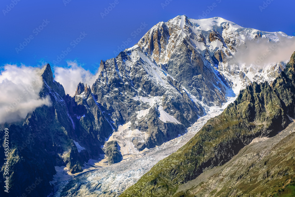 Mont Blanc massif idyllic alpine landscape at sunrise, Chamonix, French Alps