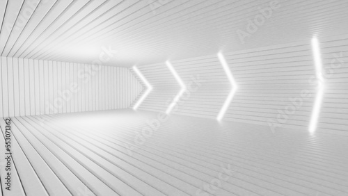 Fototapeta Naklejka Na Ścianę i Meble -  White neon laser led lights on Sci-Fi futuristic modern spaceship in dark tunnel. White corridor hangar garage metal glossy with showroom empty stage. Concept 3D CG of fantastic world.