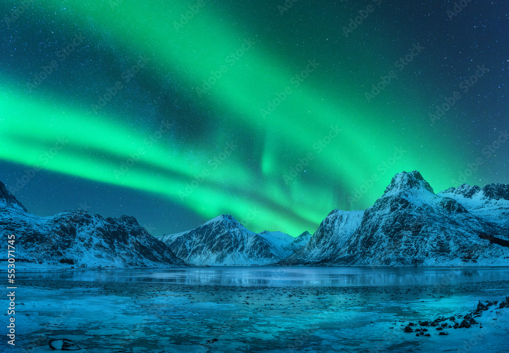Aurora borealis over snowy mountains, frozen sea coast, reflection in water at night. Lofoten islands, Norway. Northern lights. Winter landscape with polar lights, ice in water. Starry sky with aurora